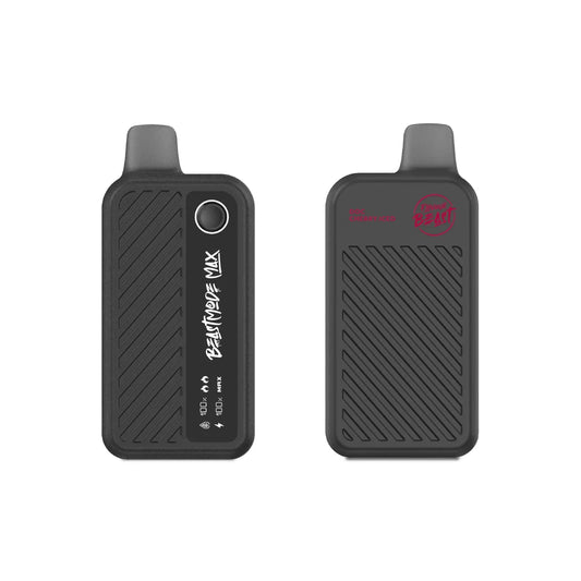 Two Flavour Beast Mode Max 18K disposable vapes in Doc Cherry Iced flavor, shown from the front and back, featuring a matte black textured body, a digital display screen, and the Flavour Beast logo.