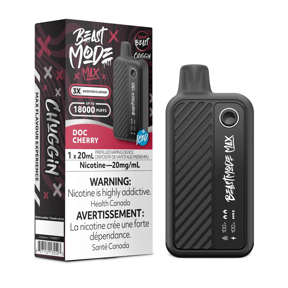 A Beast Mode Max 18K disposable vape device stands next to its black and red packaging box, which features the Doc Cherry Iced flavor name, a 20mg/mL nicotine concentration label, and a Health Canada warning against a plain black background.