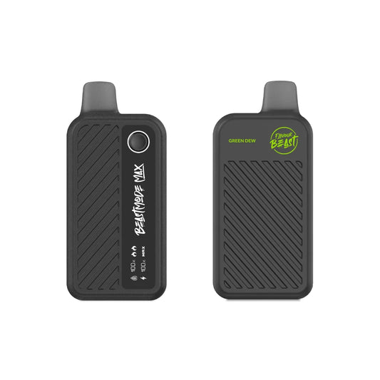 Two black Flavour Beast Mode Max 18K disposable vapes in Green Dew flavor are shown against a white background, displaying the front interface with a digital display and the back side with the brand logo.
