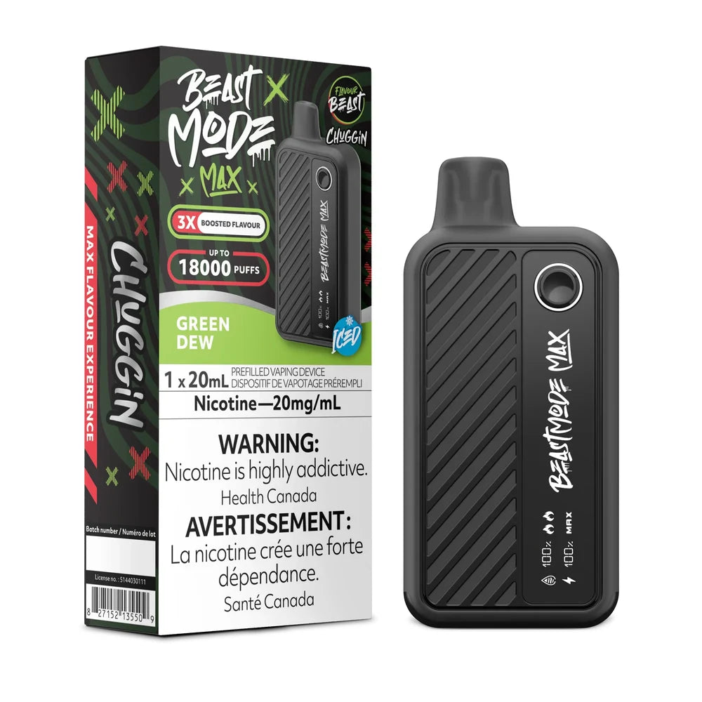 A Beast Mode Max 18K disposable vape in matte black with a textured grip stands next to its matching green and black retail box, which features the Chuggin Green Dew Iced flavor name, a 20mg/mL nicotine warning, and a 18000 puff capacity label.