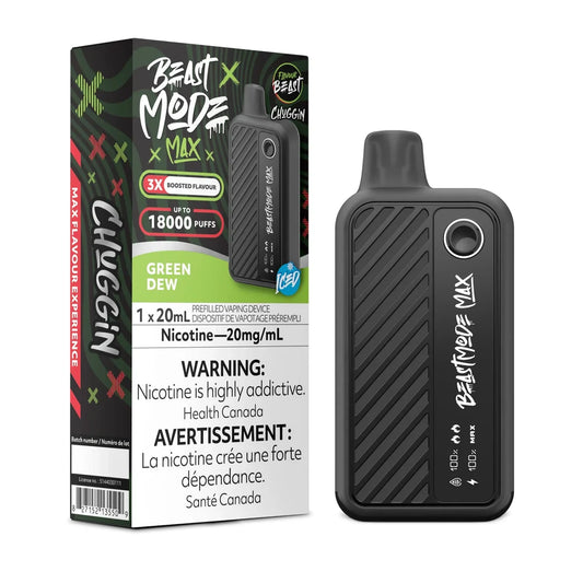 A Beast Mode Max 18K disposable vape in matte black with a textured grip stands next to its matching green and black retail box, which features the Chuggin Green Dew Iced flavor name, a 20mg/mL nicotine warning, and a 18000 puff capacity label.