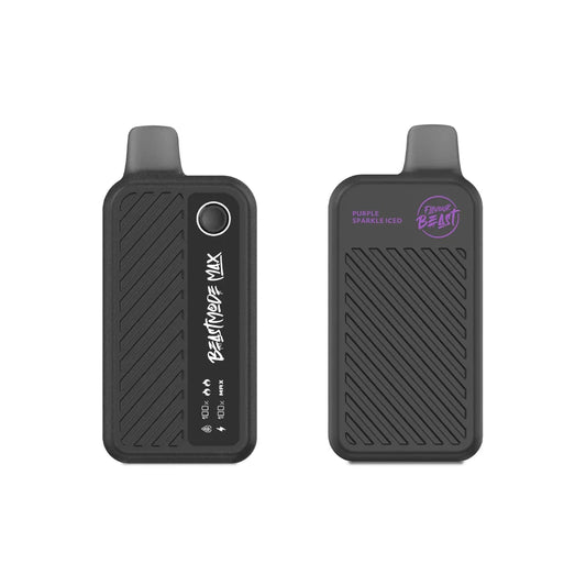 Two Flavour Beast Mode Max 18K disposable vapes in Purple Sparkle Iced flavor are displayed against a white background, showing the front screen with battery and liquid indicators and the back panel with branding.