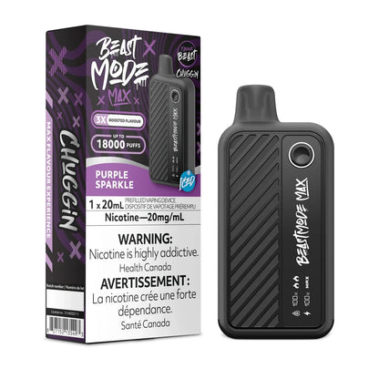 A Beast Mode Max 18K disposable vape in black sits next to its purple and black retail packaging, which features the text Chuggin Purple Sparkle, 18000 puffs, and a nicotine warning label.