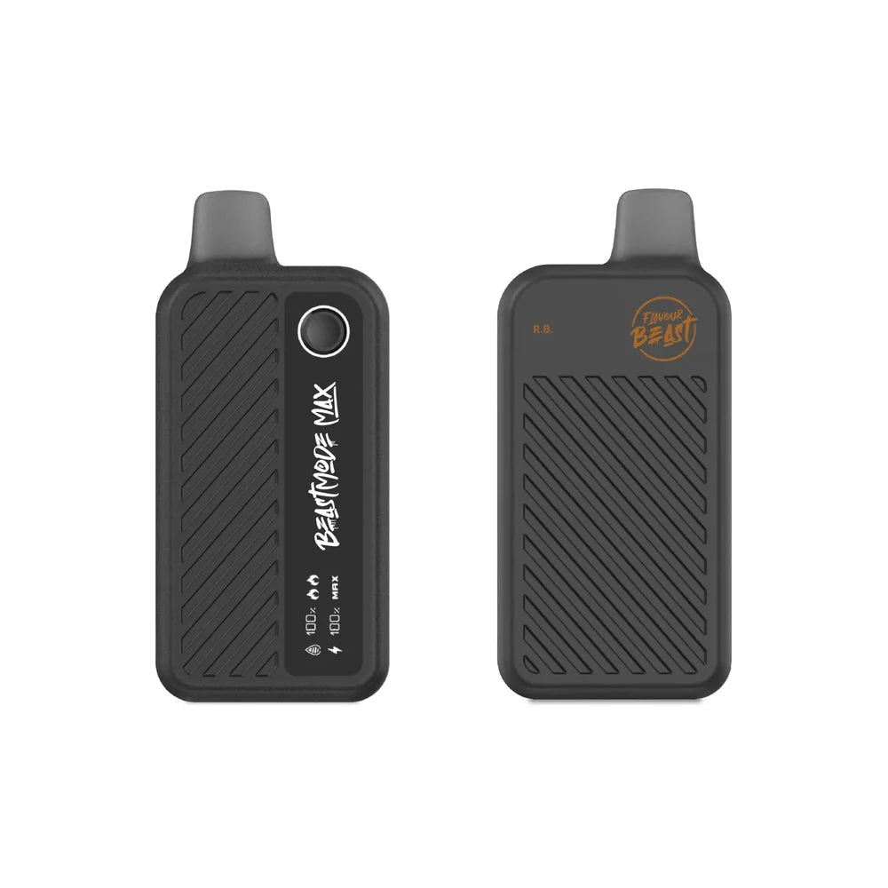 Two black Flavour Beast Mode Max 18K disposable vapes are shown side-by-side, with the left unit displaying a digital screen with 100% battery and e-liquid levels and the right unit featuring the Flavour Beast logo and R.B. text against a textured, diagonal-striped background.