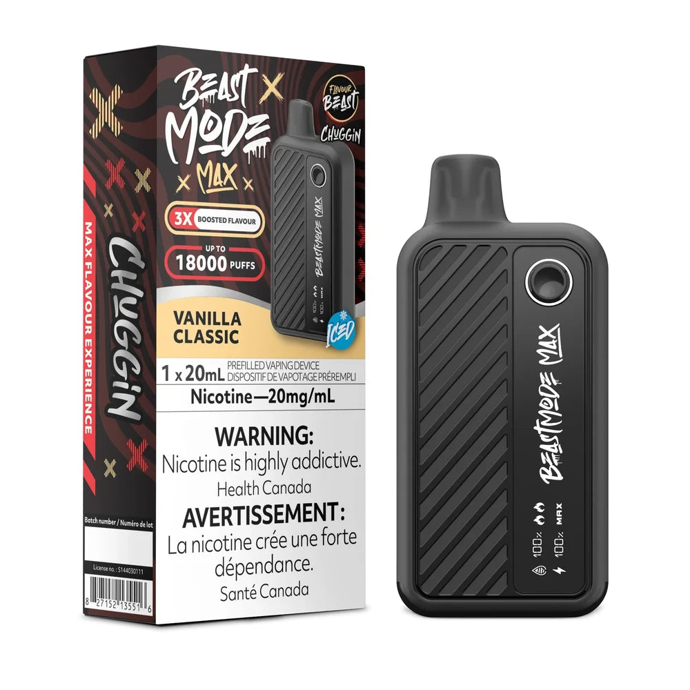 A Beast Mode Max 18K disposable vape device stands next to its black and tan retail box, featuring Vanilla Classic Iced branding, a 20mg/mL nicotine warning, and a digital display showing 100% battery and e-liquid levels.