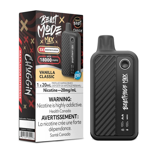 A Beast Mode Max 18K disposable vape device stands next to its black and tan retail box, featuring Vanilla Classic Iced branding, a 20mg/mL nicotine warning, and a digital display showing 100% battery and e-liquid levels.
