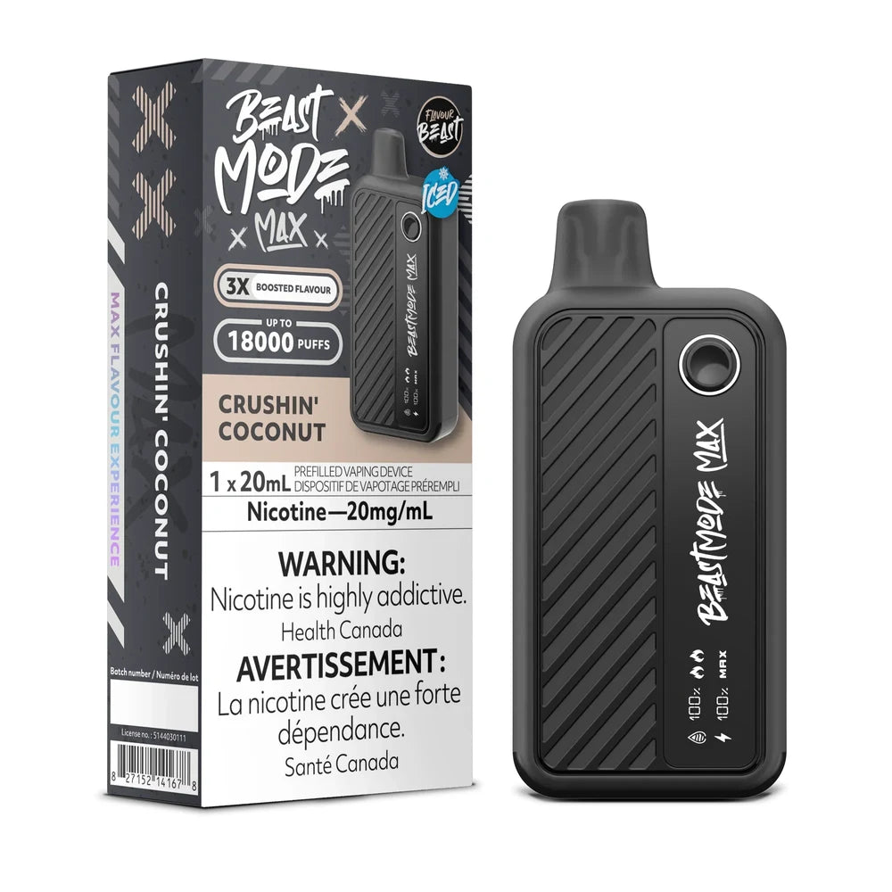 A black Beast Mode Max 18K disposable vape device stands next to its matching grey and black retail box, which features the text Crushin' Coconut, 18000 Puffs, and a nicotine warning label against a plain white background.