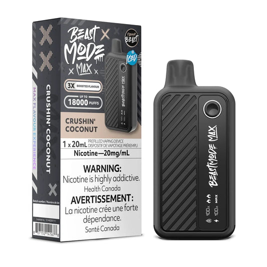 A black Beast Mode Max 18K disposable vape device stands next to its matching grey and black retail box, which features the text Crushin' Coconut, 18000 Puffs, and a nicotine warning label against a plain white background.