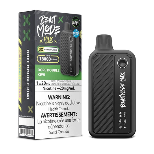 A Beast Mode Max 18K disposable vape device in matte black stands next to its retail packaging, which features a green and black design labeled Dope Double Kiwi with a 20mg/mL nicotine warning and a 18000 puff count indicator.