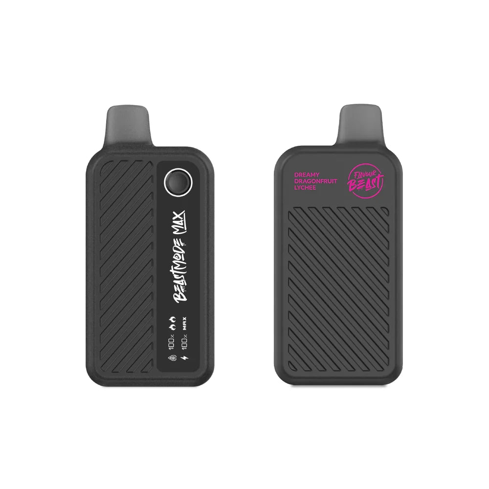 Two views of a black Flavour Beast Max 18K disposable vape in Dreamy Dragonfruit Lychee flavor, featuring a textured grip, a digital display showing battery and liquid levels, and a prominent pink logo on a clean white background.