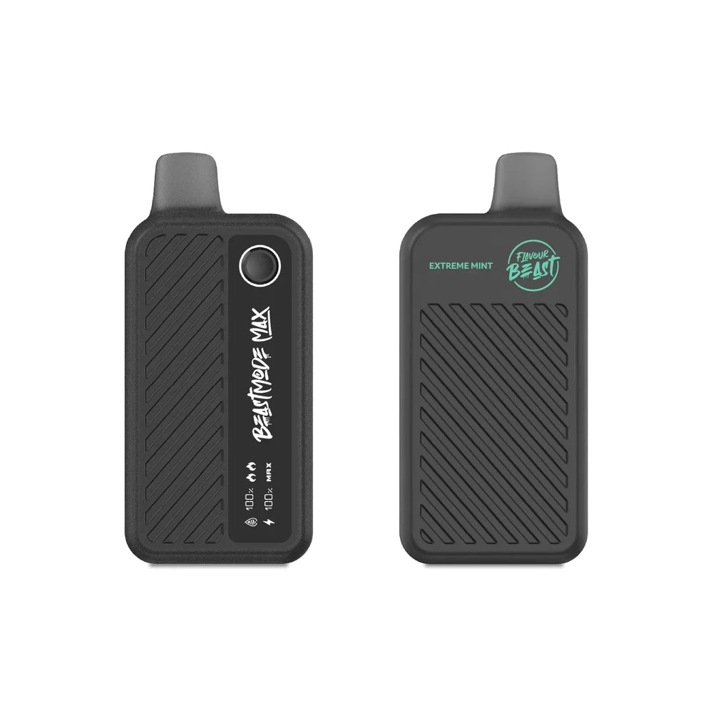 Two views of a black Flavour Beast Mode Max 18K Extreme Mint disposable vape device featuring a textured grip, a digital display screen showing battery and e-liquid levels, and a mint green logo on a plain white background.