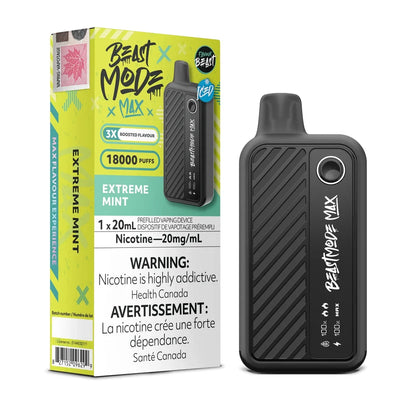 A Beast Mode Max 18K Extreme Mint disposable vape device stands next to its bright yellow and green packaging, which features the product name, a 18000 puff count, and bilingual health warnings.
