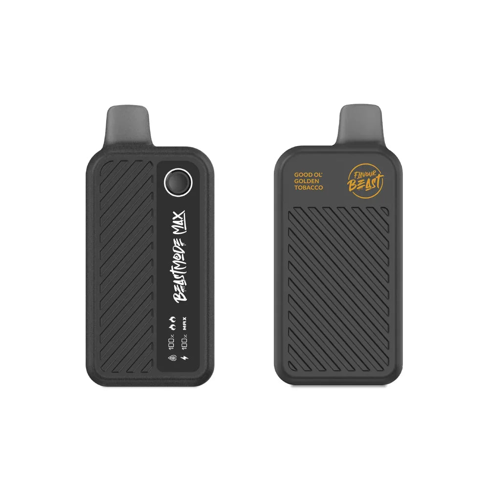 Front and back views of a black Beast Mode Max disposable vape featuring a textured diagonal grip, a digital display screen, and gold text reading Good Ol' Golden Tobacco and Flavour Beast.