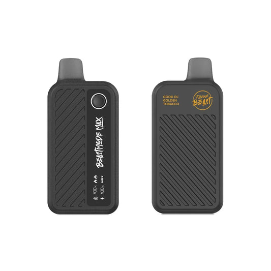 Front and back views of a black Beast Mode Max disposable vape featuring a textured diagonal grip, a digital display screen, and gold text reading Good Ol' Golden Tobacco and Flavour Beast.