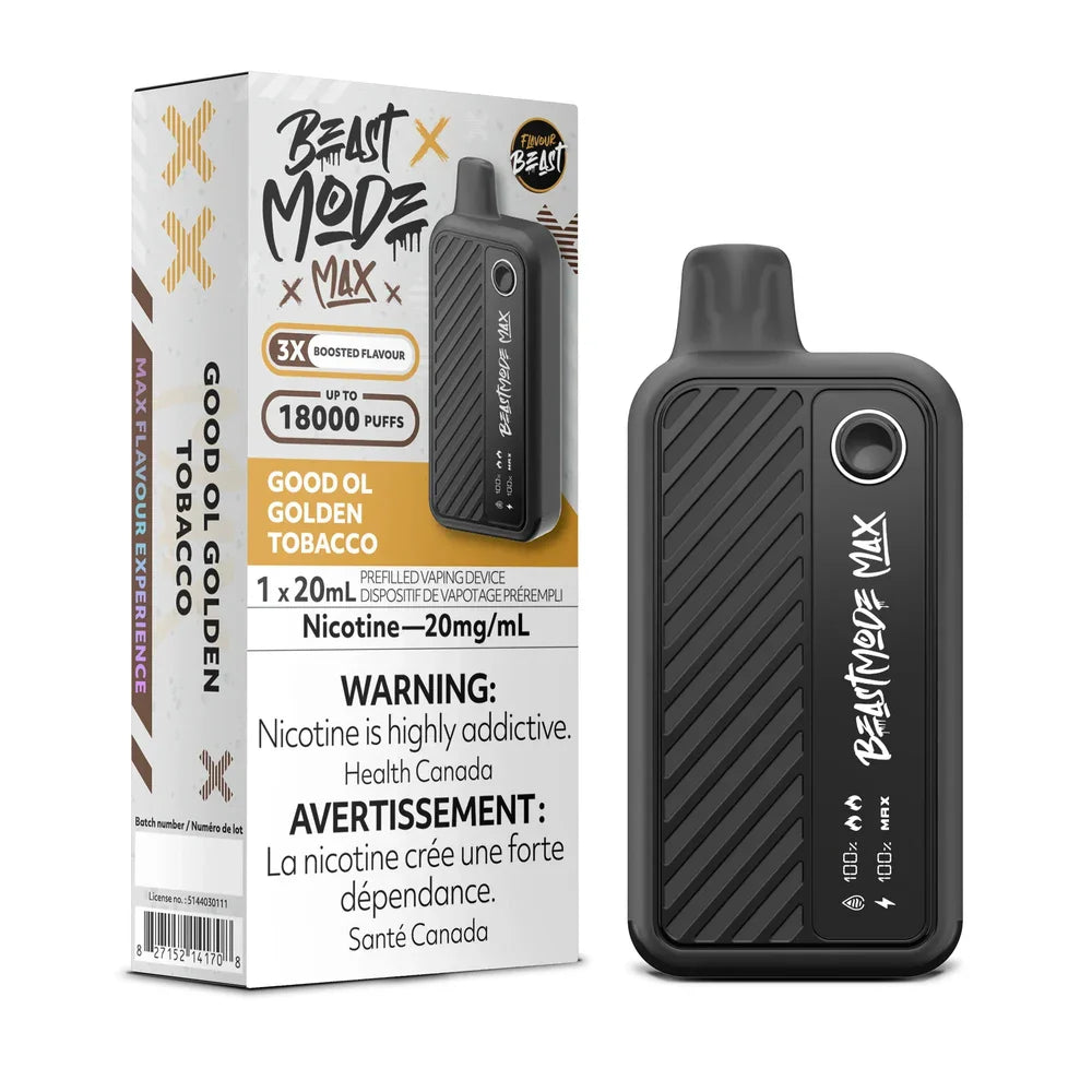 Beast Mode Max 18K Good Ol' Golden Tobacco disposable vape device and its white and gold packaging featuring a textured black design with a digital screen and 18000 puffs branding.