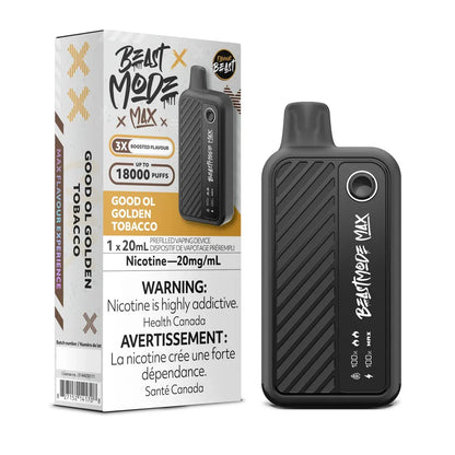 Beast Mode Max 18K Good Ol' Golden Tobacco disposable vape device and its white and gold packaging featuring a textured black design with a digital screen and 18000 puffs branding.