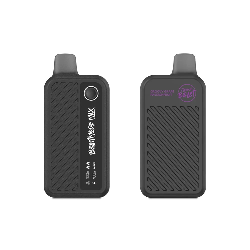 Two views of a black Flavour Beast Mode Max 18K disposable vape in Groovy Grape Passionfruit flavor, showing the front display with battery and liquid levels and the back side with branding against a plain white background.