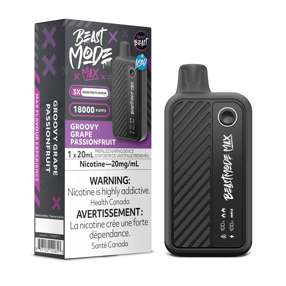 A Beast Mode Max 18K disposable vape device in matte black stands next to its matching retail box, which features purple accents and displays the Groovy Grape Passionfruit flavour name along with mandatory nicotine warning text in English and French.