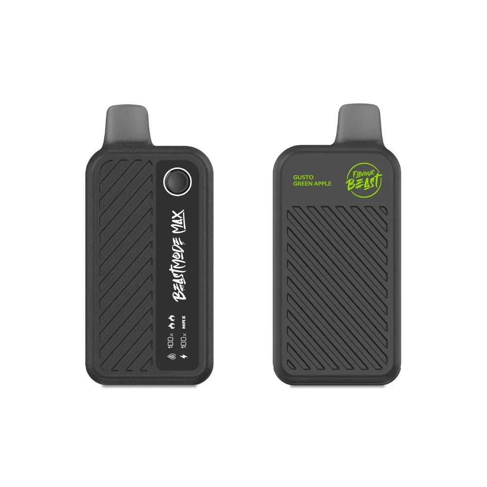 Two views of a black Flavour Beast Max 18K disposable vape in Gusto Green Apple flavor, featuring a textured grip, a digital display showing battery and liquid levels, and a green logo on a plain white background.