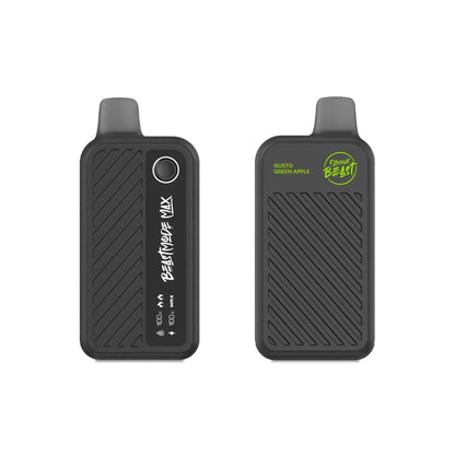 Two views of a black Flavour Beast Max 18K disposable vape in Gusto Green Apple flavor, featuring a textured grip, a digital display showing battery and liquid levels, and a green logo on a plain white background.