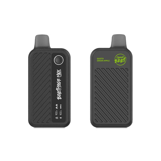 Two views of a black Flavour Beast Max 18K disposable vape in Gusto Green Apple flavor, featuring a textured grip, a digital display showing battery and liquid levels, and a green logo on a plain white background.