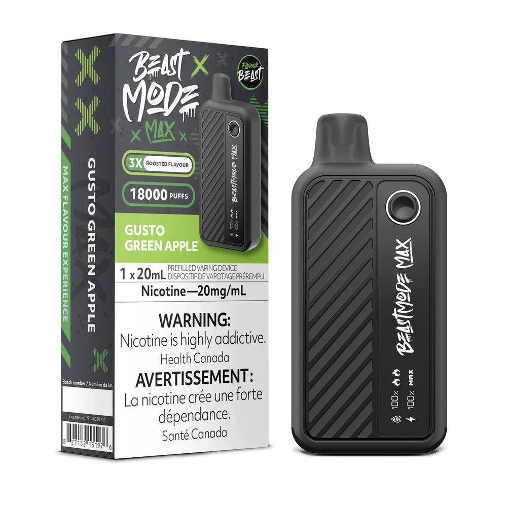 A Beast Mode Max 18K disposable vape device in black with a matching product box labeled Gusto Green Apple, featuring a 20mg/mL nicotine warning and a 18000 puff capacity rating.
