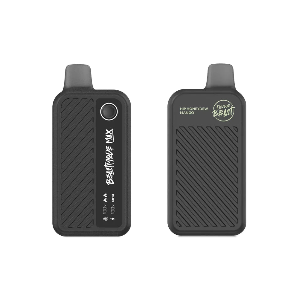 Two Flavour Beast Mode Max 18K disposable vapes in Hip Honeydew Mango flavor are shown side-by-side, featuring a matte black textured casing, a digital display screen with battery and liquid levels, and a dark mouthpiece against a plain white background.