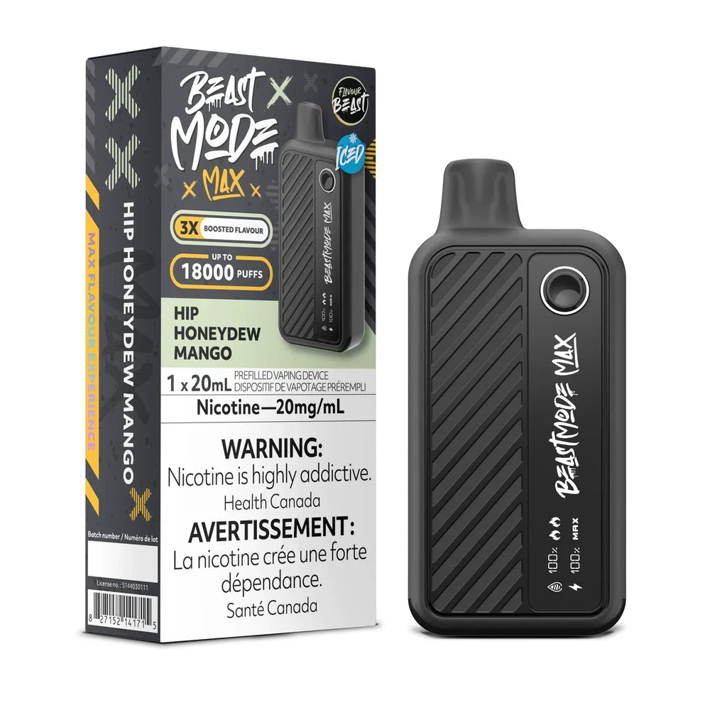 A Beast Mode Max 18K disposable vape device stands next to its black and yellow retail box, both featuring the Hip Honeydew Mango flavour label, a 20mg/mL nicotine warning, and a digital display showing 100% battery and e-liquid levels against a plain white background.