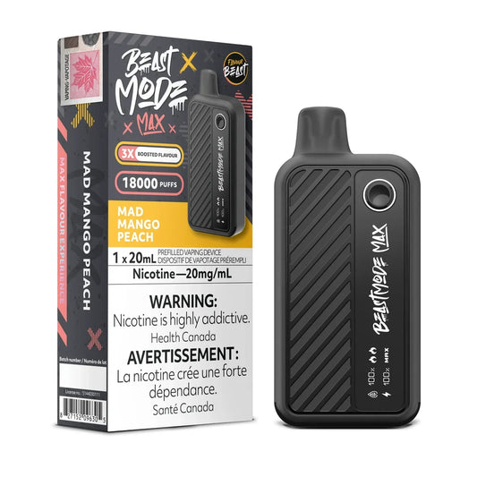 A black Beast Mode Max disposable vape device stands next to its matching rectangular product box, which features a yellow label for the Mad Mango Peach flavor, a 18000 puffs rating, and prominent nicotine warning text in both English and French.