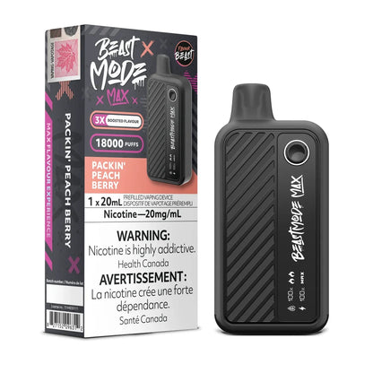 A black Beast Mode Max 18K disposable vape device stands next to its matching retail packaging, which features a pink and black design labeled with the Packin' Peach Berry flavor, a 20mg/mL nicotine concentration, and an 18,000 puff capacity.