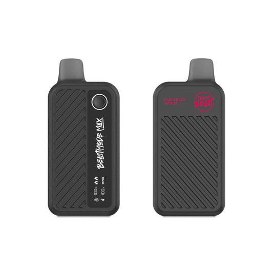 Front and back view of a matte black Flavour Beast Mode Max 18K disposable vape in Ragin' Razz Mango, featuring a digital display screen showing battery and e-liquid levels alongside a textured grip design.