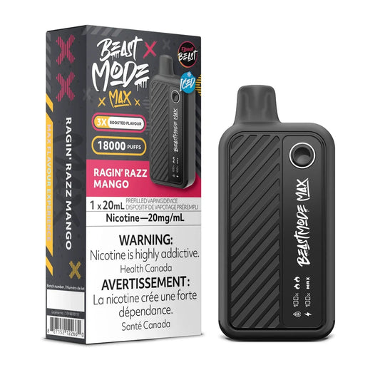 A Beast Mode Max 18K Ragin' Razz Mango Iced disposable vape device stands next to its black and pink rectangular retail box, which features the product name, a 20mg/mL nicotine warning, and a 18000 puff capacity label against a plain white background.