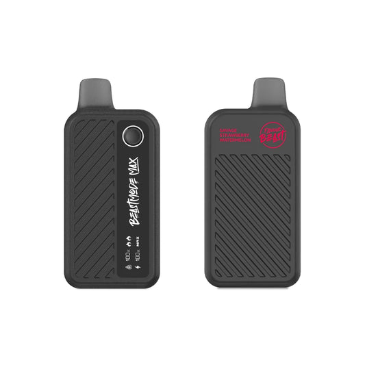 Two views of a black Beast Mode Max 18K disposable vape in Savage Strawberry Watermelon flavor, featuring a digital display screen with battery and liquid levels on the left and the brand logo and flavor name on the right.