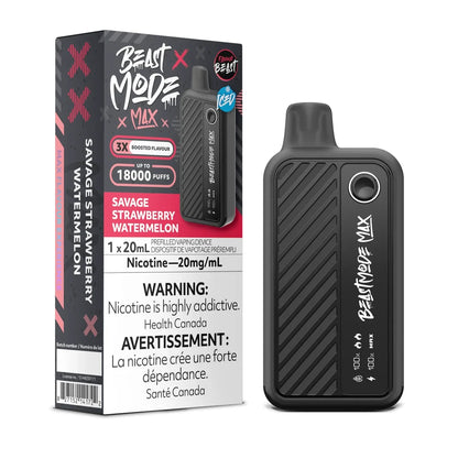 A Beast Mode Max 18K disposable vape device stands next to its black and pink retail box, which features the Savage Strawberry Watermelon flavor name, a 20mg/mL nicotine warning, and a 18,000 puff count label against a plain white background.
