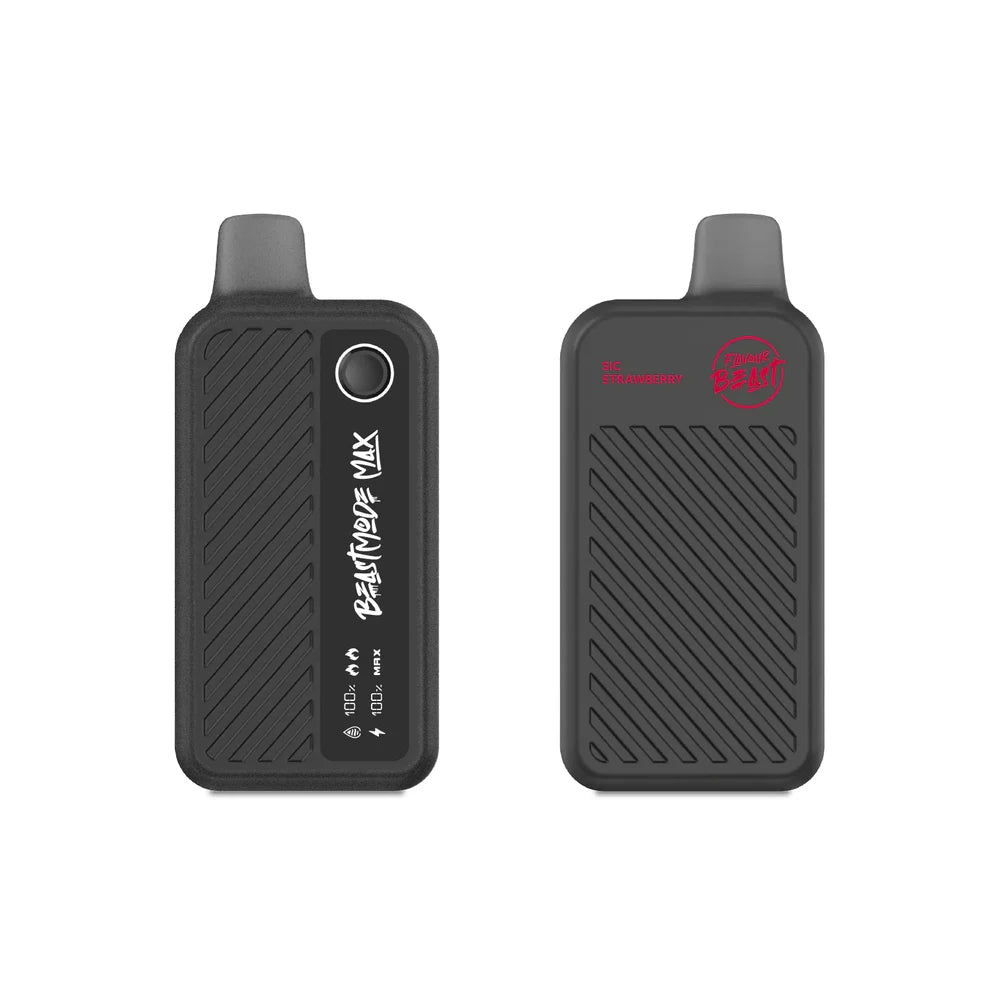 Front and back view of a matte black Flavour Beast Mode Max 18K Sic Strawberry disposable vape device featuring a digital display screen, a textured diagonal-striped grip, and red branding text.