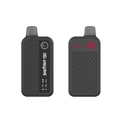 Front and back view of a matte black Flavour Beast Mode Max 18K Sic Strawberry disposable vape device featuring a digital display screen, a textured diagonal-striped grip, and red branding text.