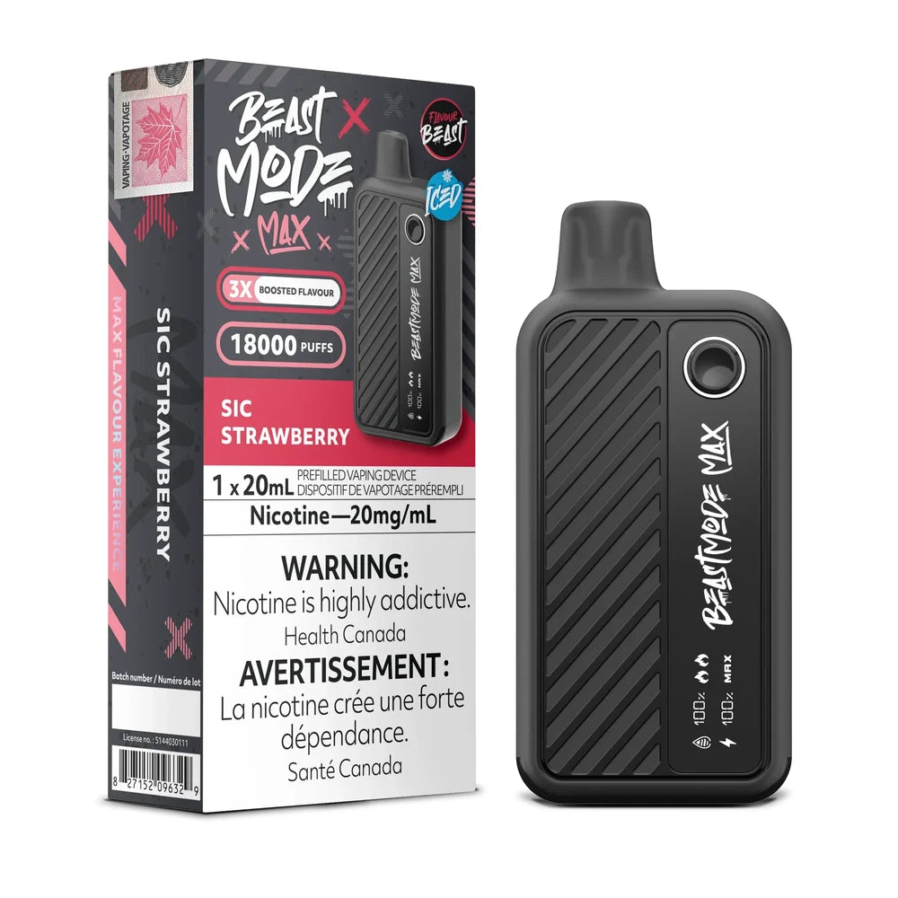 A Beast Mode Max 18K Sic Strawberry Iced disposable vape device stands next to its black and pink retail box, which features the product name, a 18000 puff count, and bilingual Health Canada nicotine warning labels.