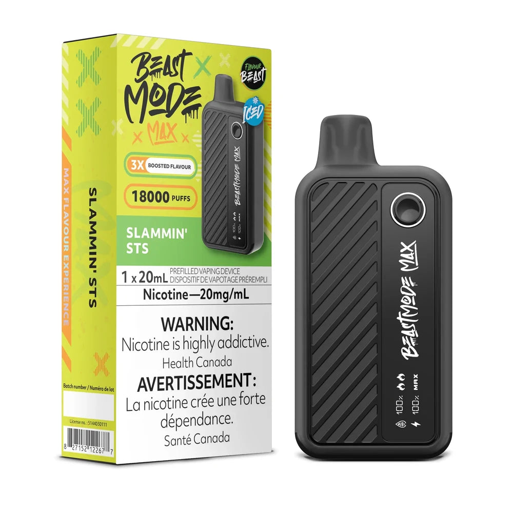 A Beast Mode Max 18K disposable vape device in black stands next to its bright yellow and green retail box, which features the Slammin' STS flavor name, 18000 puffs, and mandatory nicotine warning labels in English and French.