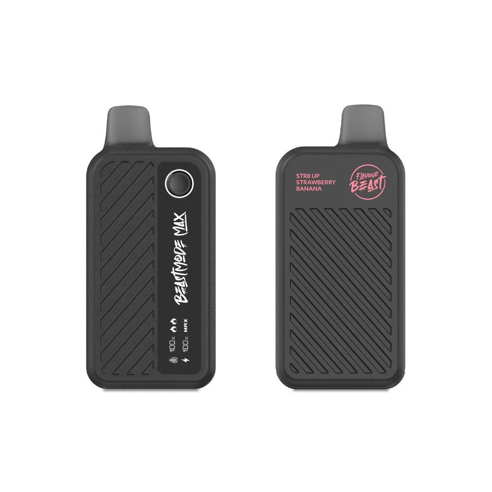 Two black Flavour Beast Mode Max 18K disposable vapes are shown side-by-side against a white background, with the left device displaying a digital screen with battery and liquid levels and the right device featuring the text STR8 UP STRAWBERRY BANANA and the Flavour Beast logo.