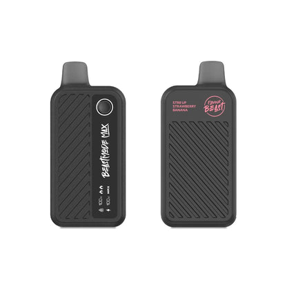 Two black Flavour Beast Mode Max 18K disposable vapes are shown side-by-side against a white background, with the left device displaying a digital screen with battery and liquid levels and the right device featuring the text STR8 UP STRAWBERRY BANANA and the Flavour Beast logo.