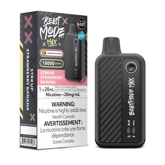 A Beast Mode Max 18K disposable vape device in matte black stands next to its matching rectangular packaging, which features pink and yellow accents and displays the STR8 UP Strawberry Banana flavor name against a dark background.