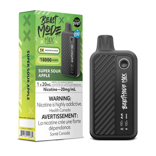 A Beast Mode Max 18K disposable vape device in black stands next to its lime green and black packaging box, which features the text Super Sour Apple, 18000 Puffs, and a nicotine warning label.