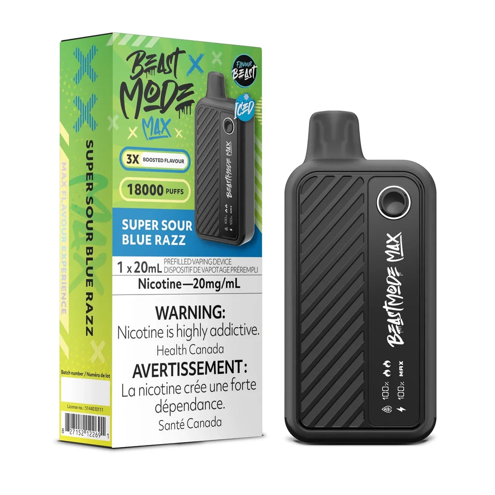 A Beast Mode Max 18K disposable vape device in black stands next to its lime green and blue packaging, which features the text Super Sour Blue Razz, 18000 Puffs, and nicotine warning labels.