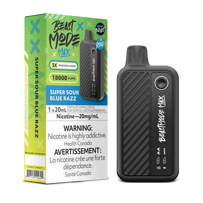 A Beast Mode Max 18K disposable vape device in black stands next to its lime green and blue packaging, which features the text Super Sour Blue Razz, 18000 Puffs, and nicotine warning labels.