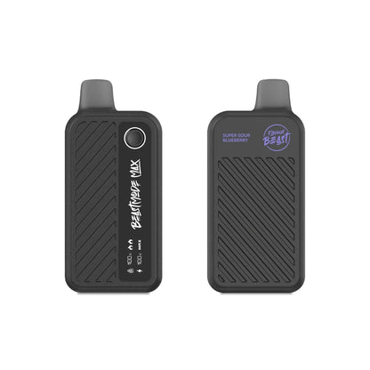 Two Flavour Beast Mode Max 18K disposable vapes in Super Sour Blueberry flavor are shown against a white background, displaying the front interface with a digital screen and the textured back panel with branding.