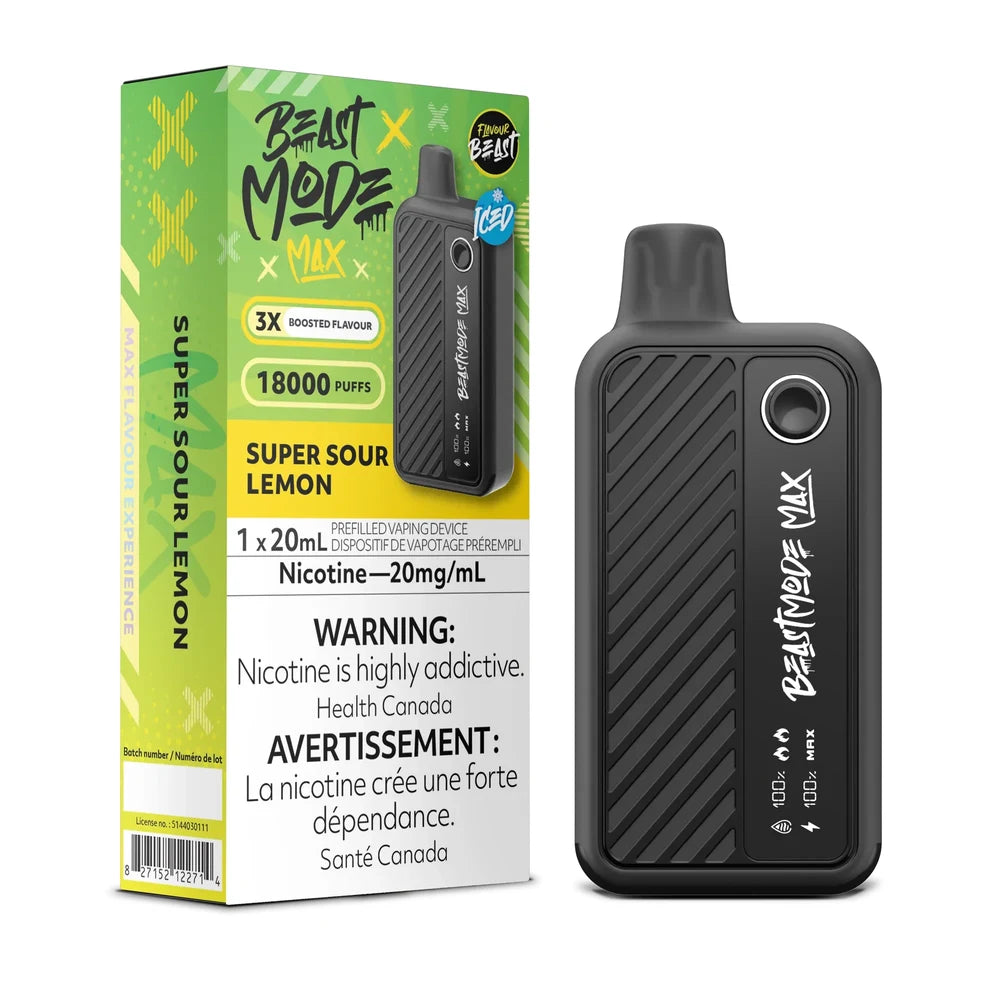 A Beast Mode Max 18K Super Sour Lemon Iced disposable vape device stands next to its lime green and yellow packaging, which features the product name, a 18000 puff count, and a mandatory nicotine health warning in English and French.