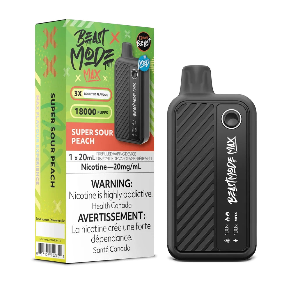 A Beast Mode Max 18K Super Sour Peach Iced disposable vape device stands next to its green and orange cardboard packaging, which features the product name, a 18000 puff count, and mandatory nicotine warning labels in English and French.