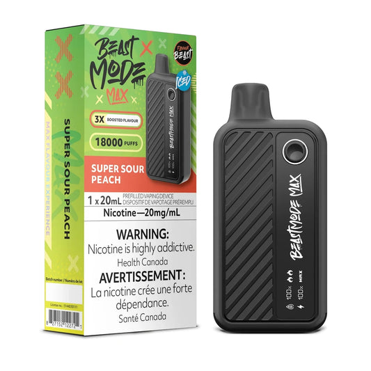 A Beast Mode Max 18K Super Sour Peach Iced disposable vape device stands next to its green and orange cardboard packaging, which features the product name, a 18000 puff count, and mandatory nicotine warning labels in English and French.