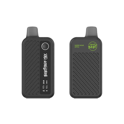 Two Flavour Beast Mode Max disposable vapes in black, one showing the digital display with 100% battery and e-liquid levels and the other displaying the Super Sour Apple flavor name and brand logo against a plain white background.