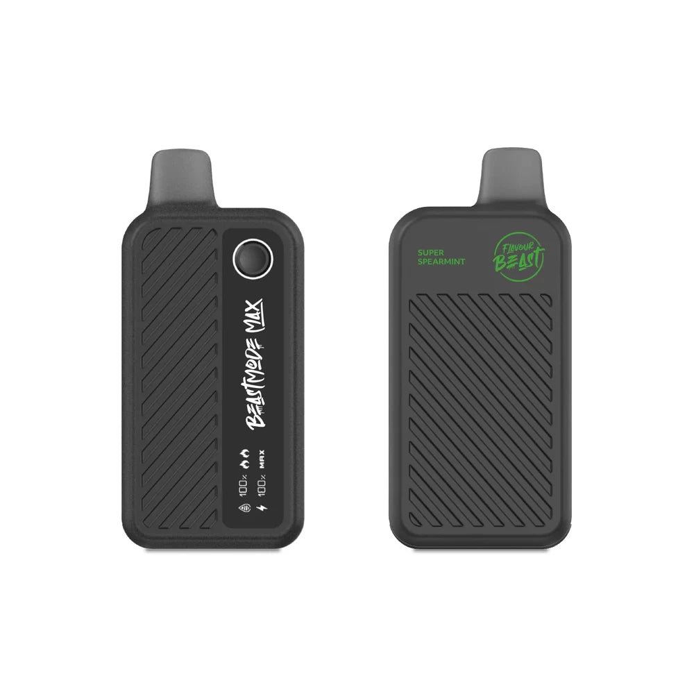 Two views of a black Flavour Beast Max 18K disposable vape in Super Spearmint flavor, showing the front display screen with battery and liquid indicators and the back panel with branding against a white background.